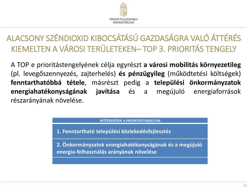 levegőszennyezés, zajterhelés) és pénzügyileg (működtetési költségek) fenntarthatóbbá tétele, másrészt pedig a települési önkormányzatok