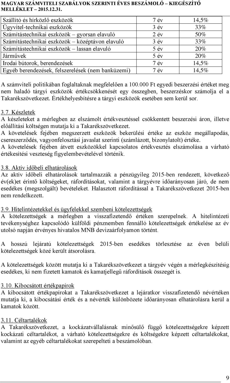 foglaltaknak megfelelően a 100.000 Ft egyedi beszerzési értéket meg nem haladó tárgyi eszközök értékcsökkenését egy összegben, beszerzéskor számolja el a Takarékszövetkezet.