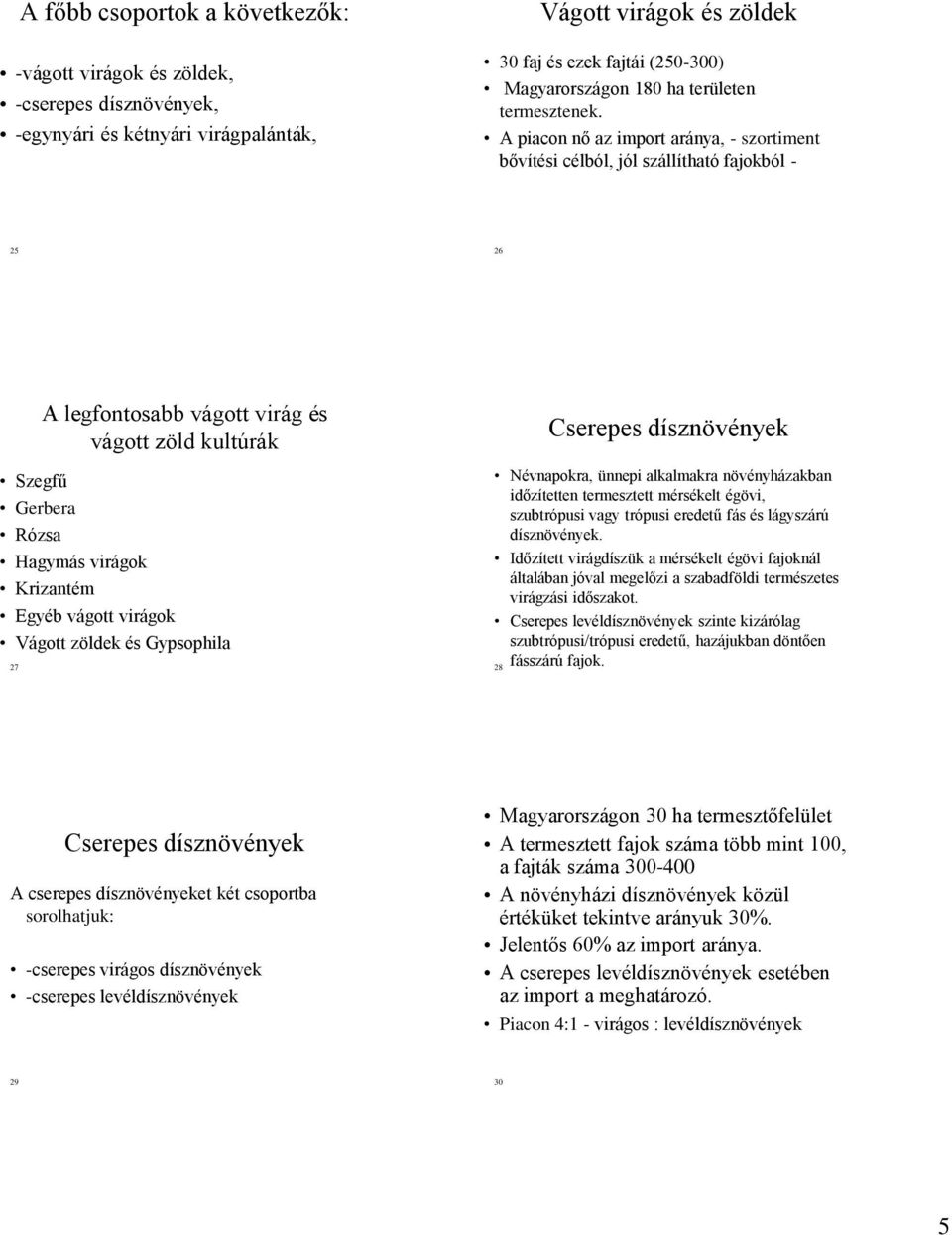 A piacon nő az import aránya, - szortiment bővítési célból, jól szállítható fajokból - 25 26 27 A legfontosabb vágott virág és vágott zöld kultúrák Szegfű Gerbera Rózsa Hagymás virágok Krizantém