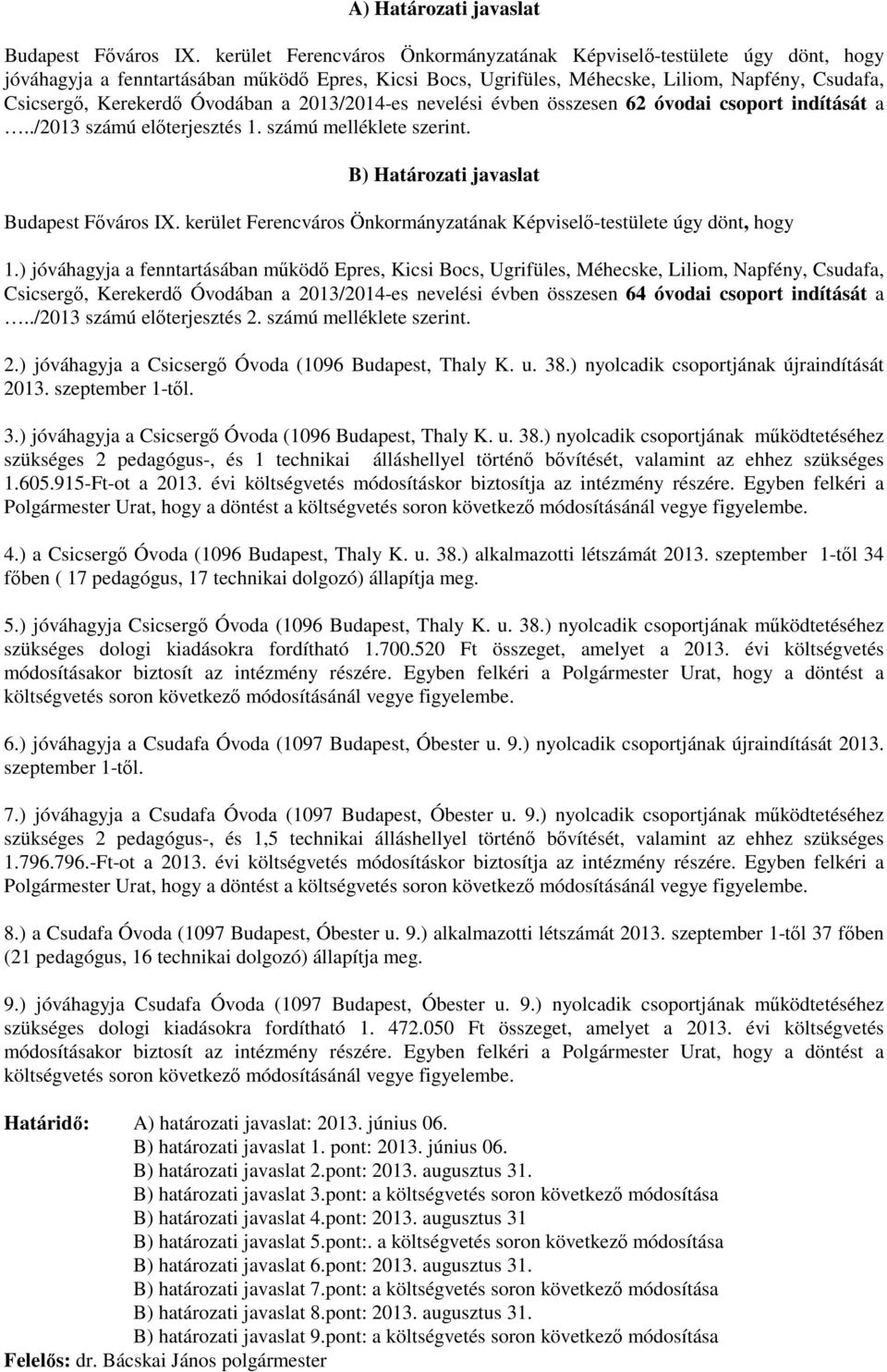 Óvodában a 2013/2014-es nevelési évben összesen 62 óvodai csoport indítását a../2013 számú előterjesztés 1. számú melléklete szerint. B) Határozati javaslat Budapest Főváros IX.