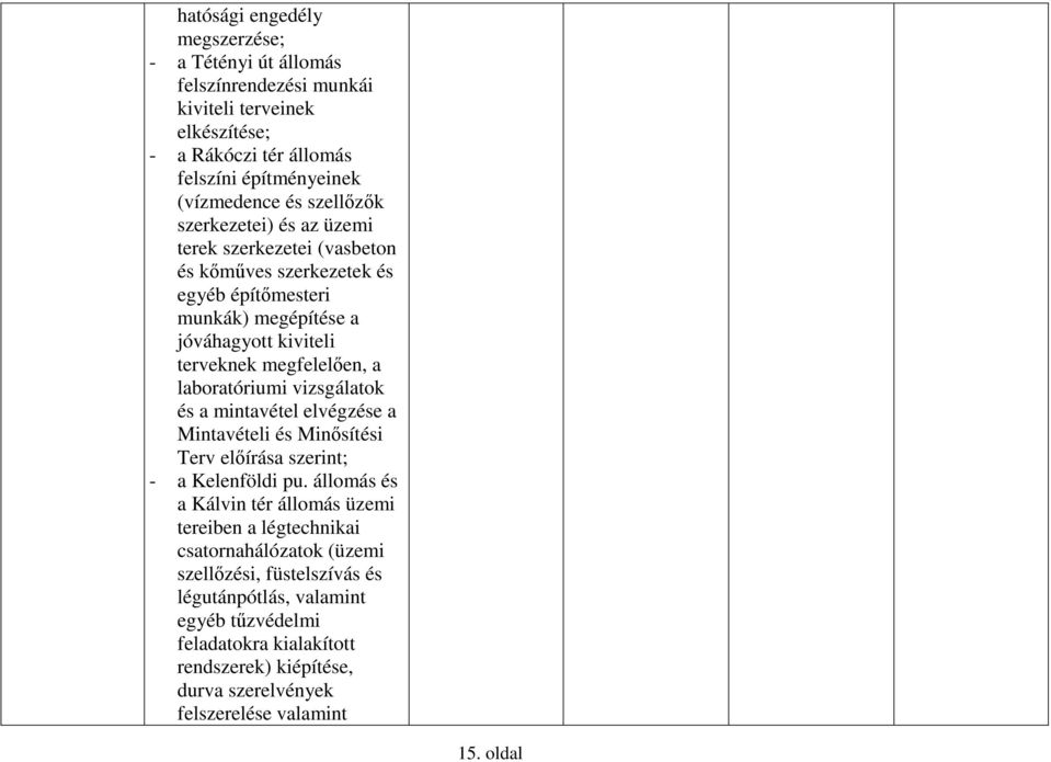 laboratóriumi vizsgálatok és a mintavétel elvégzése a Mintavételi és Minősítési Terv előírása szerint; - a Kelenföldi pu.