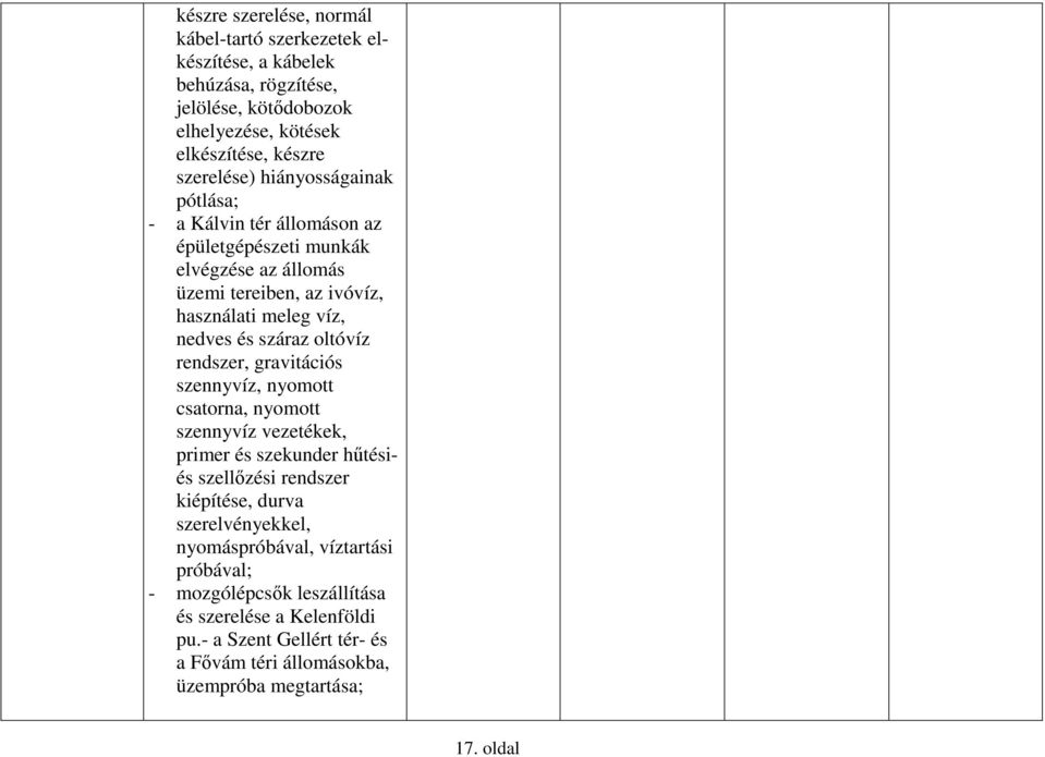 oltóvíz rendszer, gravitációs szennyvíz, nyomott csatorna, nyomott szennyvíz vezetékek, primer és szekunder hűtésiés szellőzési rendszer kiépítése, durva