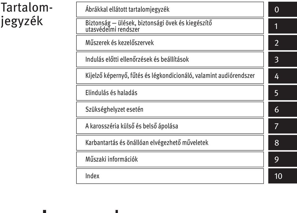 képernyő,fűtéséslégkondicionáló,valamintaudiórendszer 4 Elindulás éshaladás 5 Szükséghelyzet esetén 6