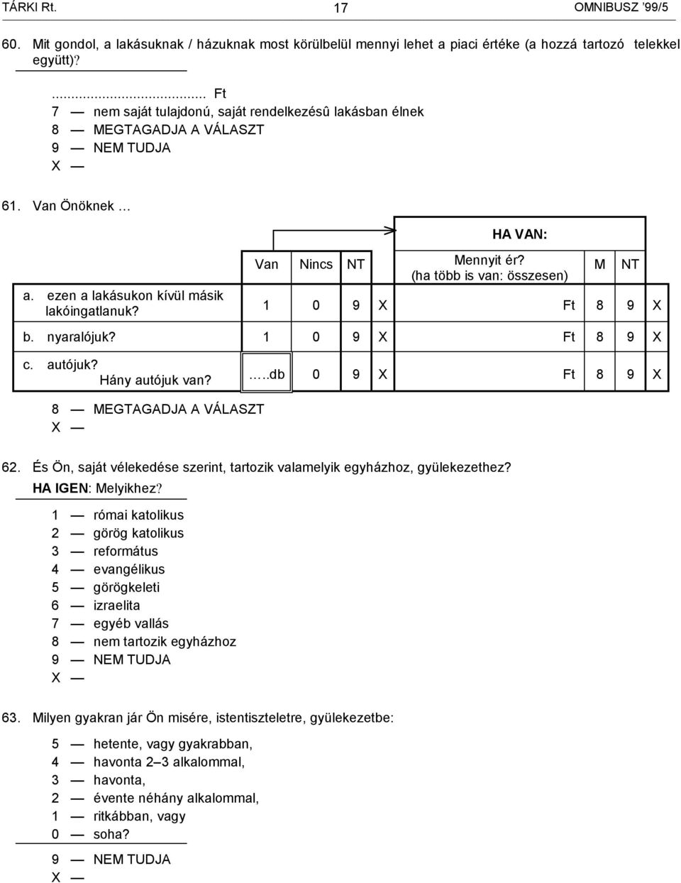 (ha több is van: összesen) 1 0 9 X Ft 8 9 X M NT b. nyaralójuk? 1 0 9 X Ft 8 9 X c. autójuk? Hány autójuk van?..db 0 9 X Ft 8 9 X 8 MEGTAGADJA A VÁLASZT 62.