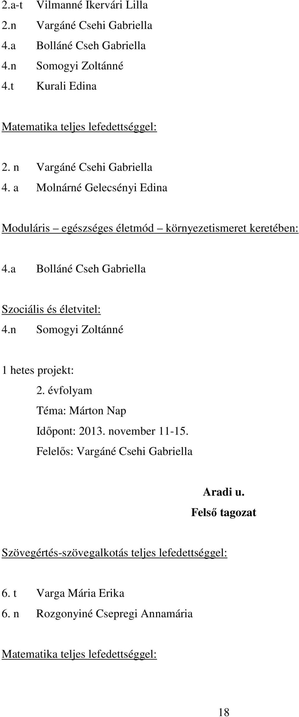 a Molnárné Gelecsényi Edina Moduláris egészséges életmód környezetismeret keretében: 4.a Bolláné Cseh Gabriella Szociális és életvitel: 4.