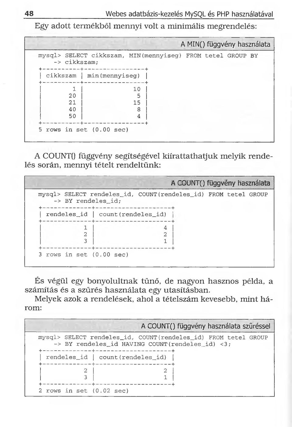 00 sec) A COUNT0 függvény segítségével kiírattathatjuk melyik rendelés során, mennyi tételt rendeltünk: mysql> SELECT rendeles_id, COUNT(rendeles_id) -> BY rendeles_id; +---------------