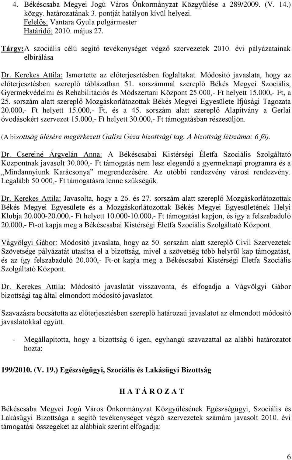 Módosító javaslata, hogy az előterjesztésben szereplő táblázatban 51. sorszámmal szereplő Békés Megyei Szociális, Gyermekvédelmi és Rehabilitációs és Módszertani Központ 25.000,- Ft helyett 15.