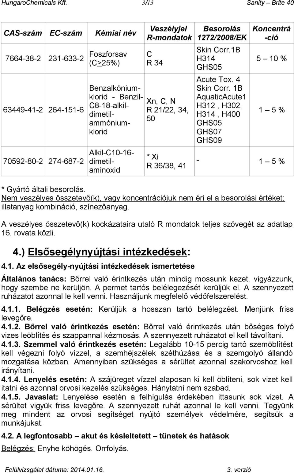 Alkil-C10-16- dimetilaminoxid Veszélyjel R-mondatok C R 34 Xn, C, N R 21/22, 34, 50 * Xi R 36/38, 41 Besorolás 1272/2008/EK Skin Corr.1B H314 GHS05 Acute Tox. 4 Skin Corr.