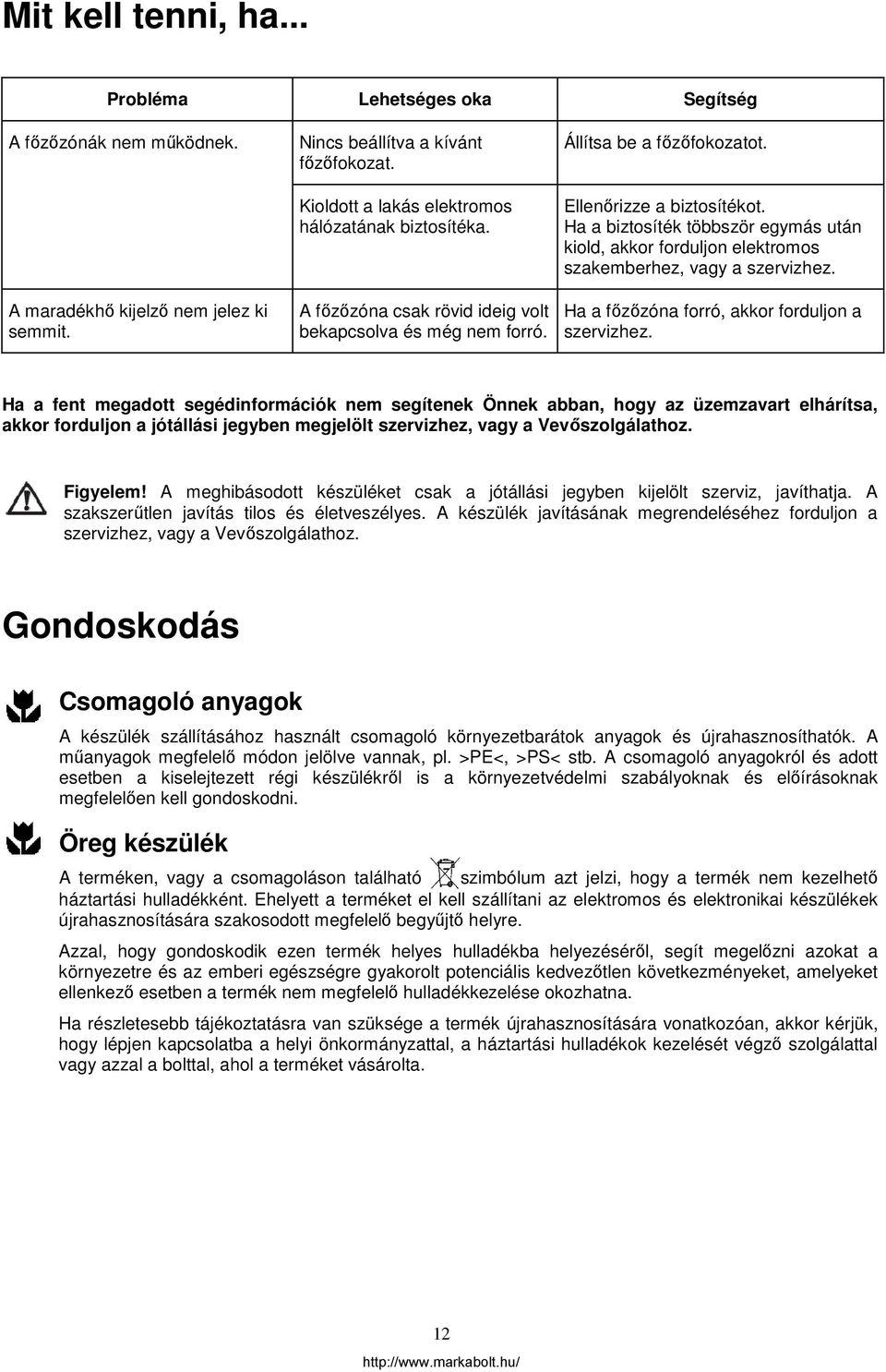 Ha a biztosíték többször egymás után kiold, akkor forduljon elektromos szakemberhez, vagy a szervizhez. Ha a főzőzóna forró, akkor forduljon a szervizhez.