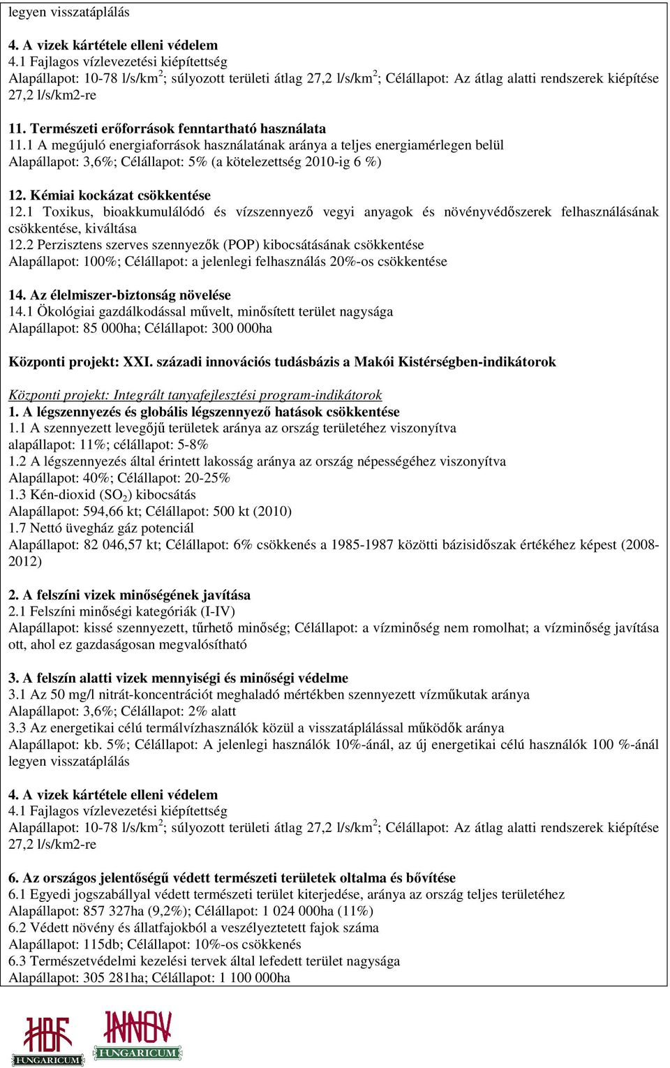 Természeti erıforrások fenntartható használata 11.1 A megújuló energiaforrások használatának aránya a teljes energiamérlegen belül Alapállapot: 3,6%; Célállapot: 5% (a kötelezettség 2010-ig 6 %) 12.