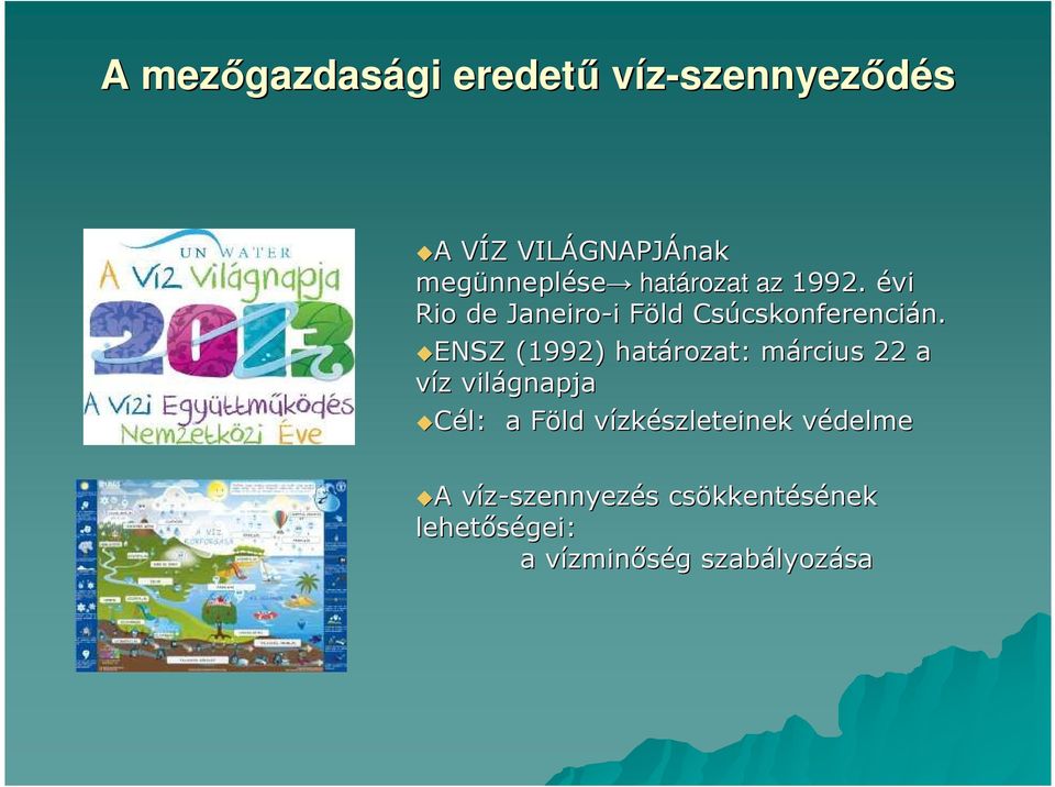 ENSZ (1992) határozat: március m 22 a víz z világnapja Cél: a Föld F vízkv zkészleteinek