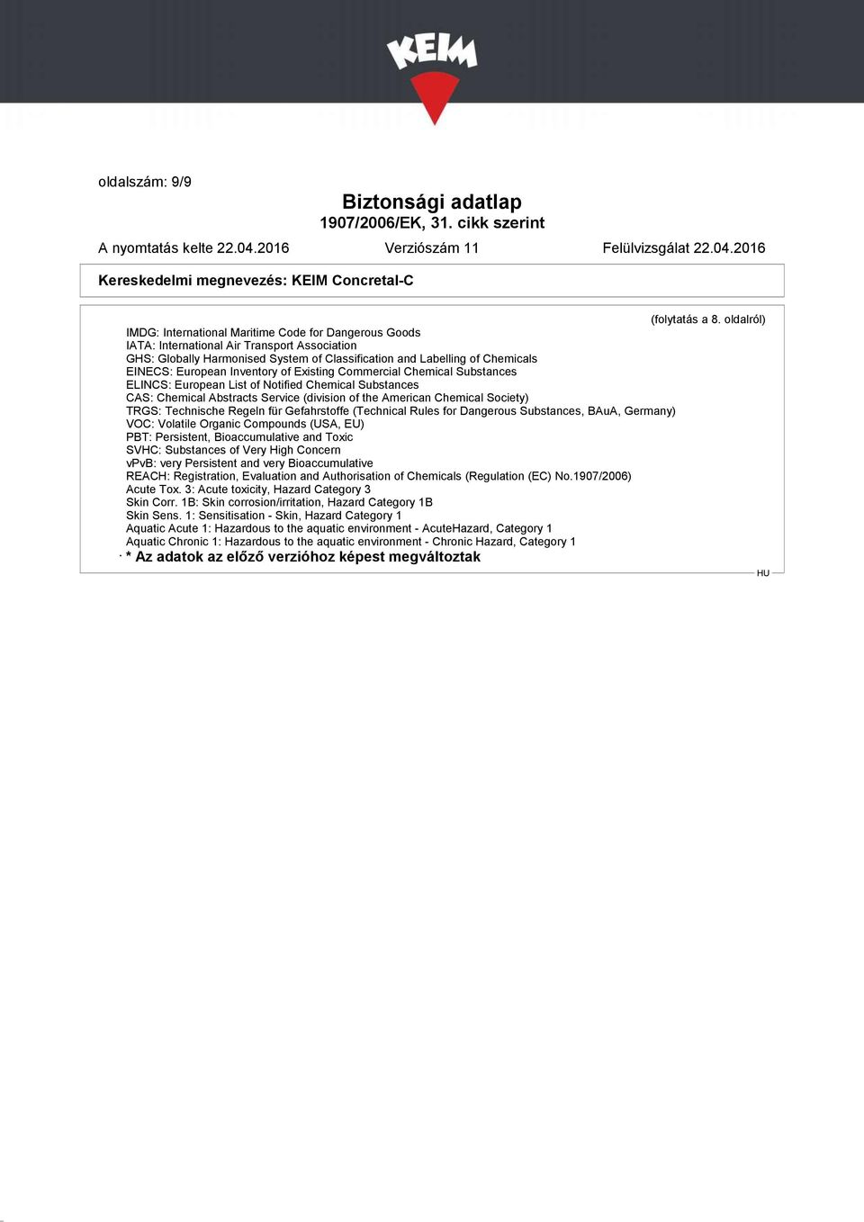 European Inventory of Existing Commercial Chemical Substances ELINCS: European List of Notified Chemical Substances CAS: Chemical Abstracts Service (division of the American Chemical Society) TRGS: