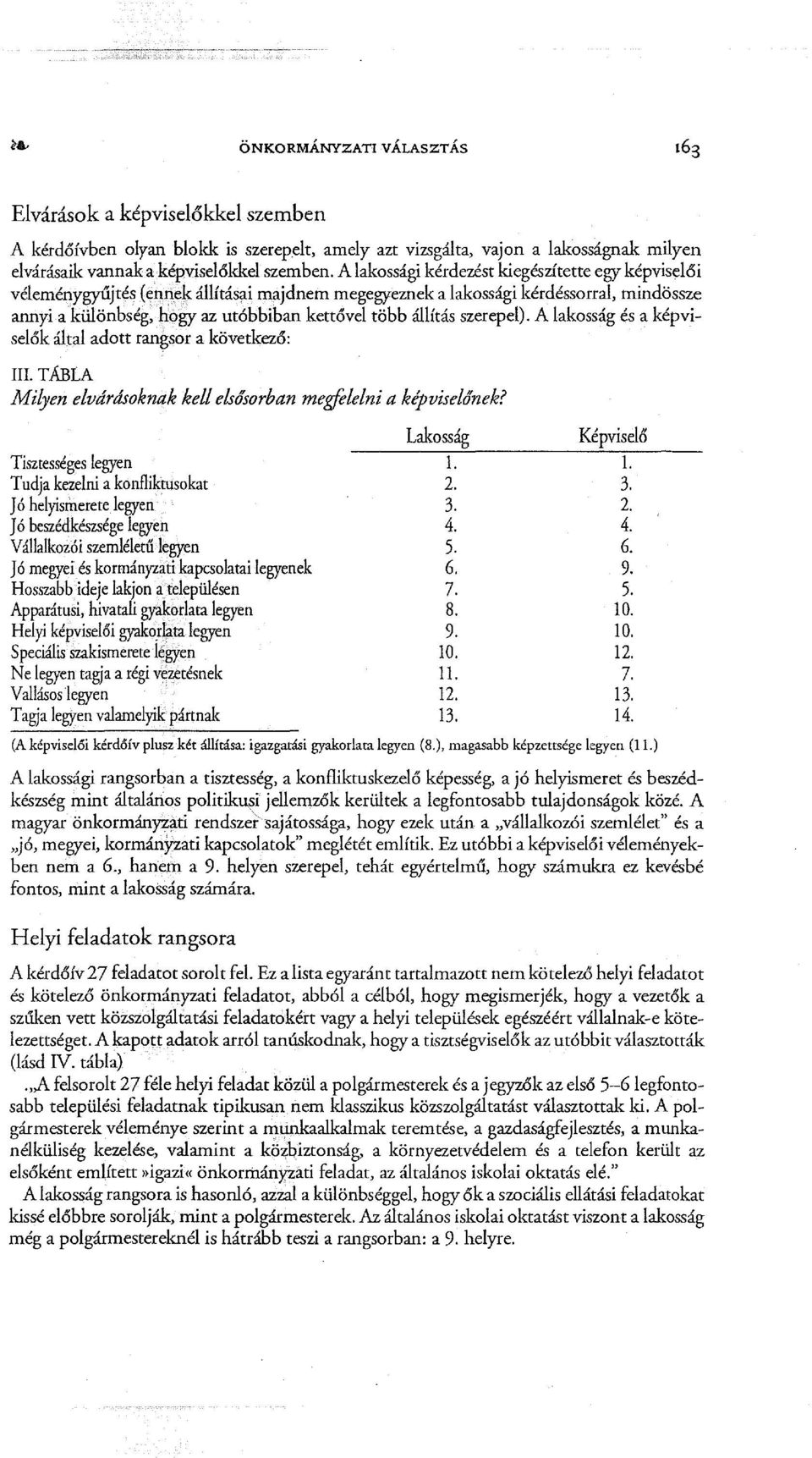 szerepel). A lakosság és a képviselők által adott rangsor a következő: III. TABLA Milyen elvdrdsoknak kell elsősorban megfelelni a képviselőnek?