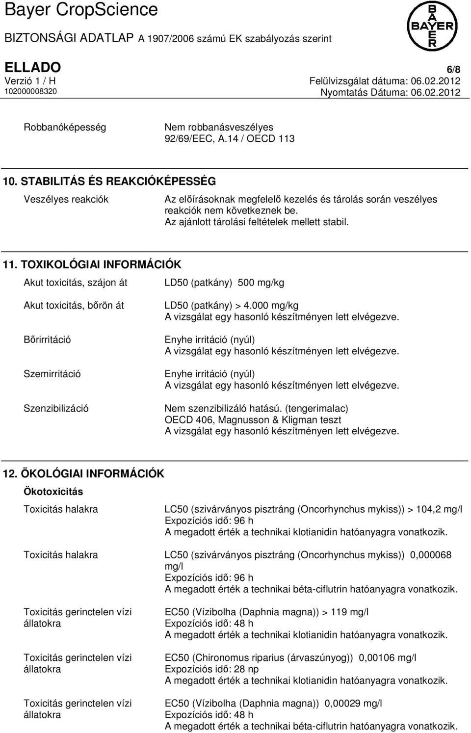 TOXIKOLÓGIAI INFORMÁCIÓK Akut toxicitás, szájon át LD50 (patkány) 500 mg/kg Akut toxicitás, bőrön át Bőrirritáció Szemirritáció Szenzibilizáció LD50 (patkány) > 4.