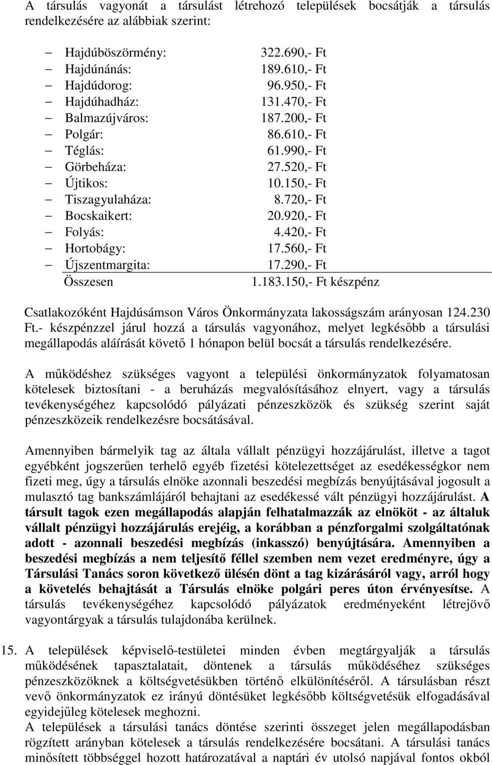 150,- Ft 8.720,- Ft 20.920,- Ft 4.420,- Ft 17.560,- Ft 17.290,- Ft 1.183.150,- Ft készpénz Csatlakozóként Hajdúsámson Város Önkormányzata lakosságszám arányosan 124.230 Ft.