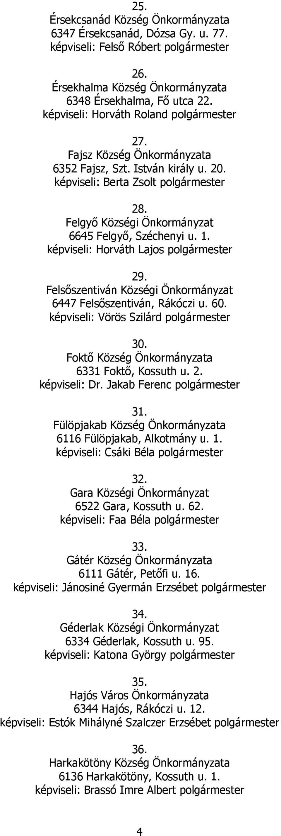 Felsőszentiván Községi Önkormányzat 6447 Felsőszentiván, Rákóczi u. 60. képviseli: Vörös Szilárd polgármester 30. Foktő 6331 Foktő, Kossuth u. 2. képviseli: Dr. Jakab Ferenc polgármester 31.
