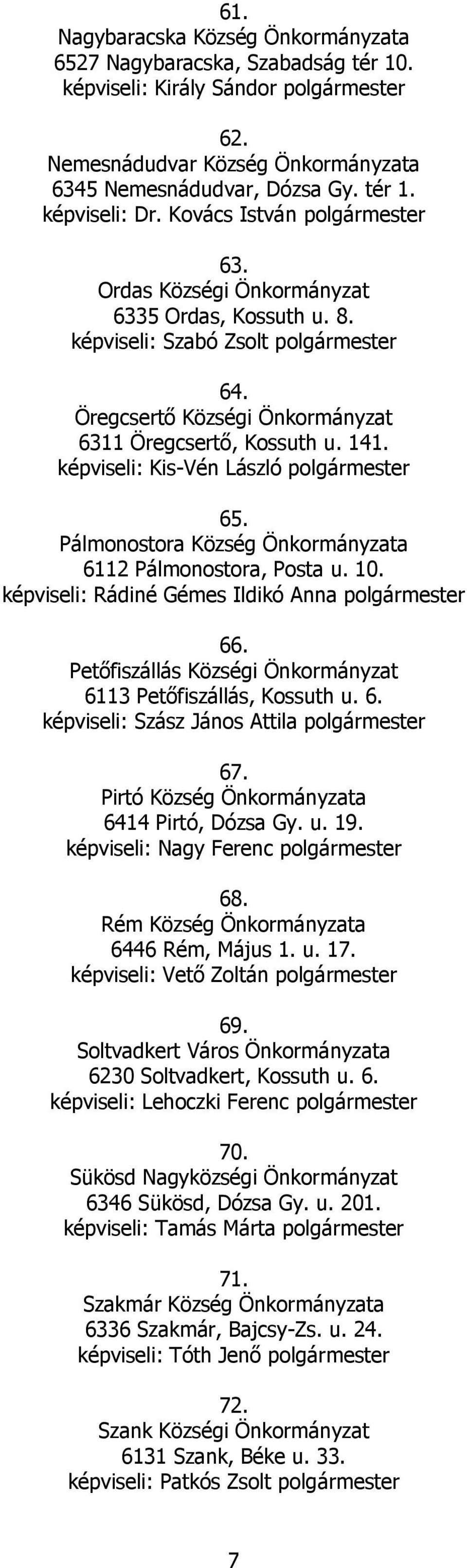 Pálmonostora 6112 Pálmonostora, Posta u. 10. képviseli: Rádiné Gémes Ildikó Anna polgármester 66. Petőfiszállás Községi Önkormányzat 6113 Petőfiszállás, Kossuth u. 6. képviseli: Szász János Attila polgármester 67.