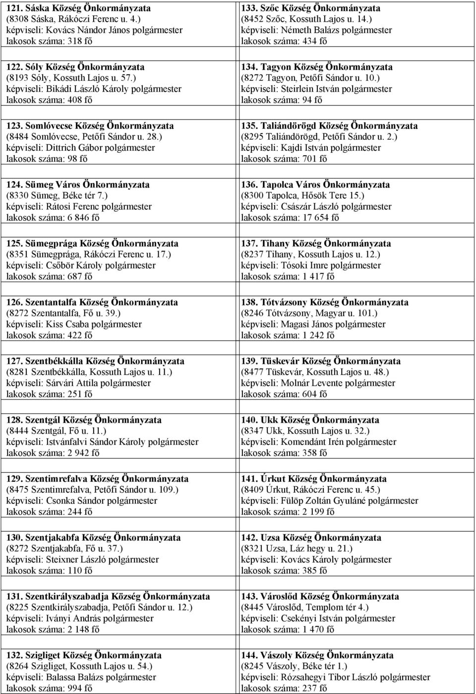 ) képviseli: Dittrich Gábor polgármester lakosok száma: 98 fő 124. Sümeg Város Önkormányzata (8330 Sümeg, Béke tér 7.) képviseli: Rátosi Ferenc polgármester lakosok száma: 6 846 fő 125.