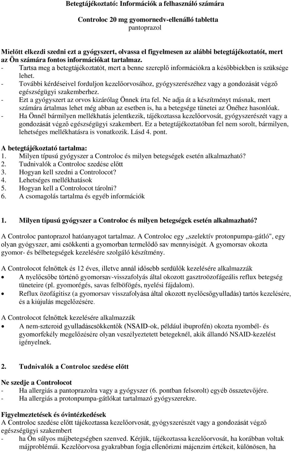 Betegtájékoztató: Információk a felhasználó számára. Controloc 20 mg  gyomornedv-ellenálló tabletta pantoprazol - PDF Ingyenes letöltés