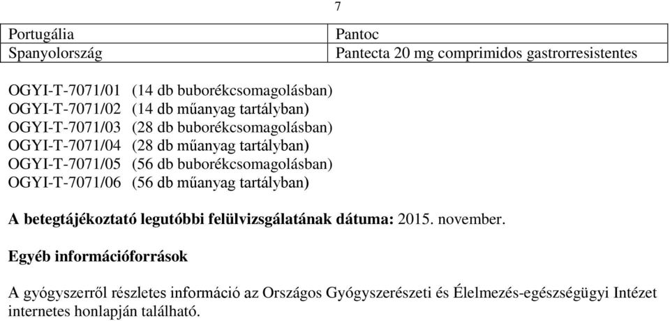 buborékcsomagolásban) OGYI-T-7071/06 (56 db műanyag tartályban) A betegtájékoztató legutóbbi felülvizsgálatának dátuma: 2015. november.