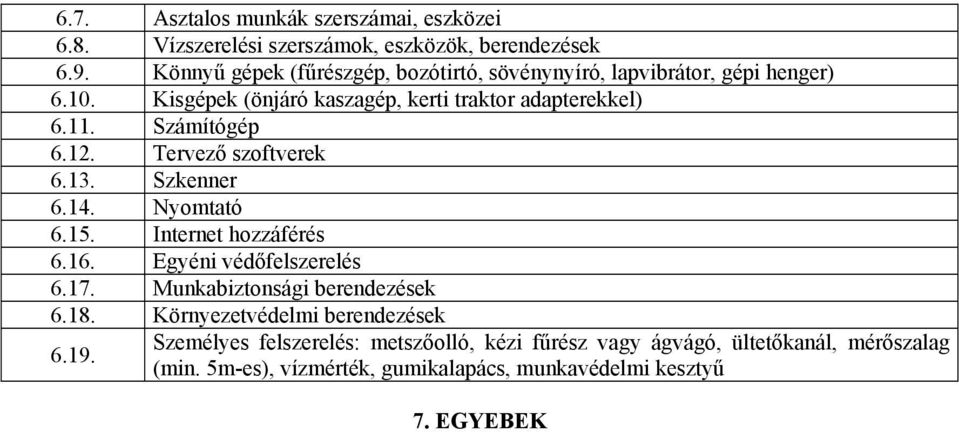 Számítógép 6.12. Tervező szoftverek 6.13. Szkenner 6.14. Nyomtató 6.15. Internet hozzáférés 6.16. Egyéni védőfelszerelés 6.17.