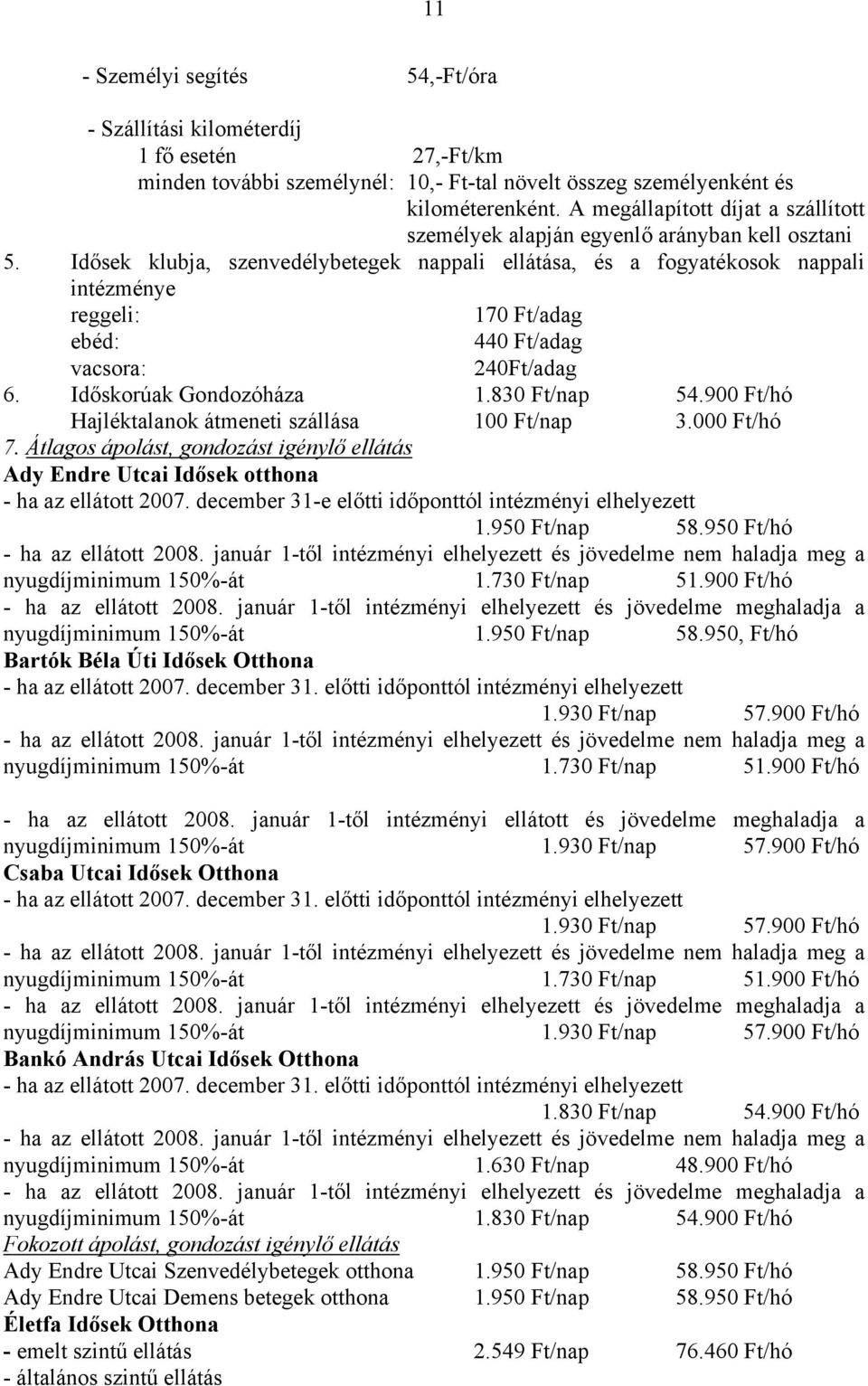 Idősek klubja, szenvedélybetegek nappali ellátása, és a fogyatékosok nappali intézménye reggeli: 170 Ft/adag ebéd: 440 Ft/adag vacsora: 240Ft/adag 6. Időskorúak Gondozóháza 1.830 Ft/nap 54.