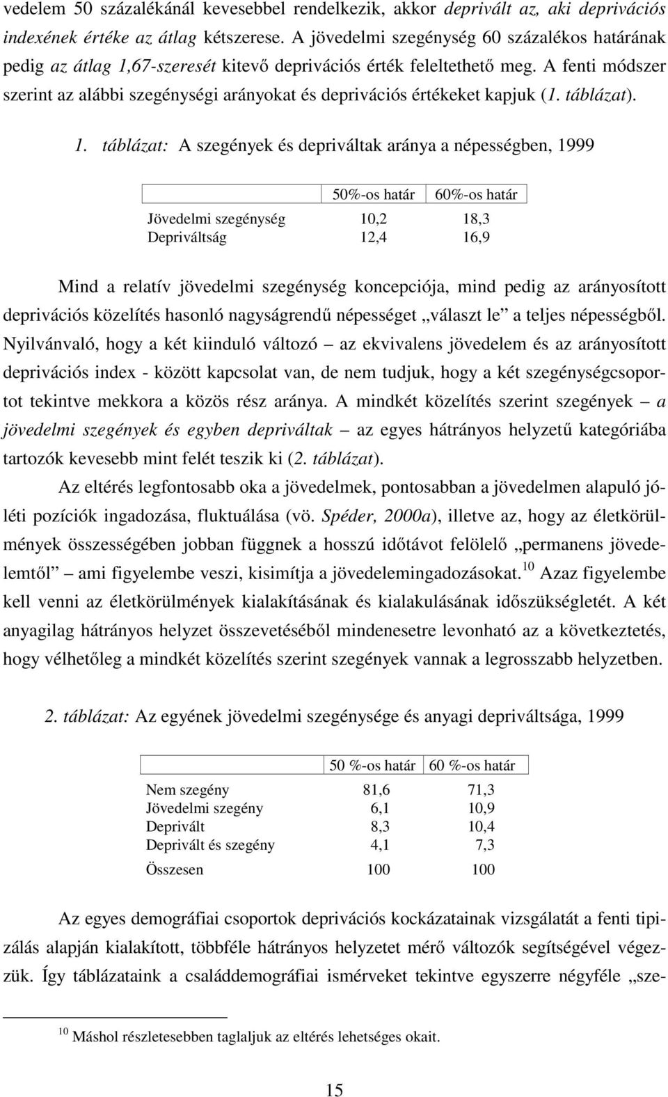 A fenti módszer szerint az alábbi szegénységi arányokat és deprivációs értékeket kapjuk (1. táblázat). 1.