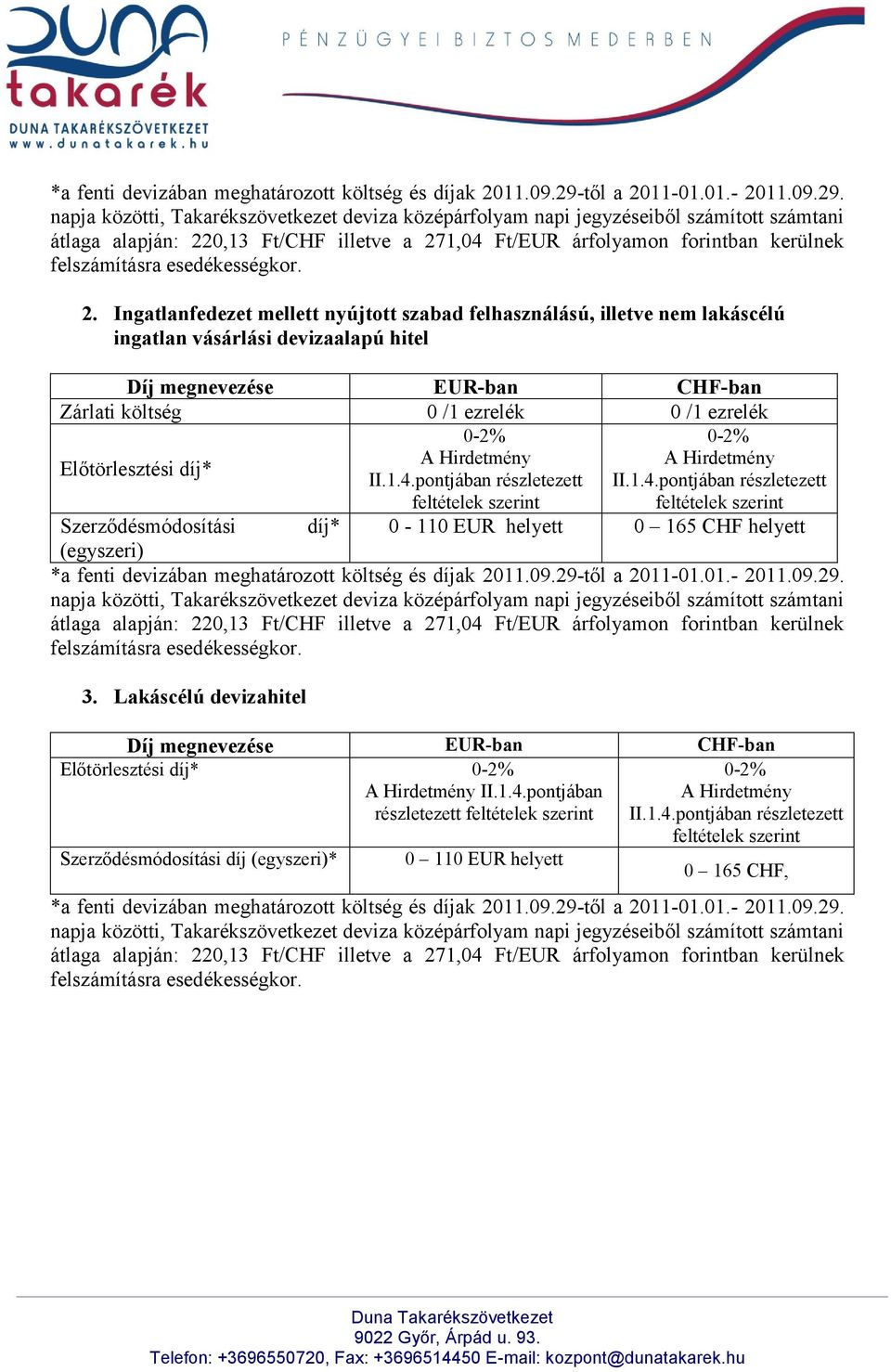 napja közötti, Takarékszövetkezet deviza középárfolyam napi jegyzéseiből számított számtani átlaga alapján: 220,13 Ft/CHF illetve a 271,04 Ft/EUR árfolyamon forintban kerülnek felszámításra