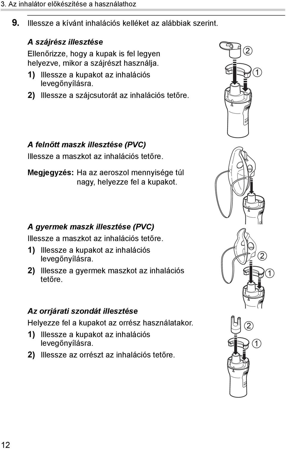 2) Illessze a szájcsutorát az inhalációs tetőre. 2 1 A felnőtt maszk illesztése (PVC) Illessze a maszkot az inhalációs tetőre. Megjegyzés: Ha az aeroszol mennyisége túl nagy, helyezze fel a kupakot.