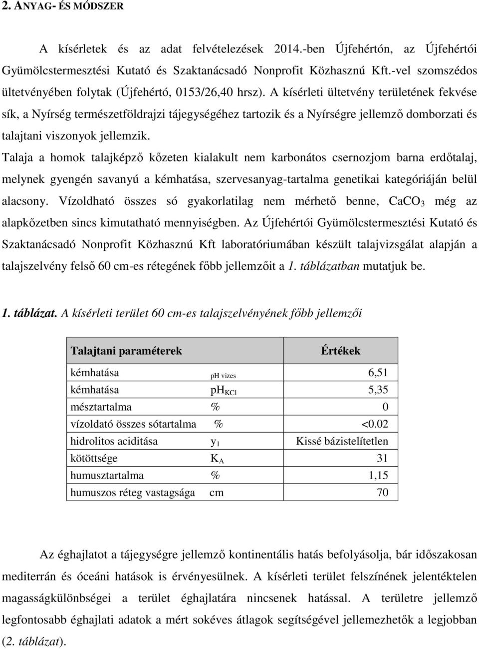 A kísérleti ültetvény területének fekvése sík, a Nyírség természetföldrajzi tájegységéhez tartozik és a Nyírségre jellemző domborzati és talajtani viszonyok jellemzik.