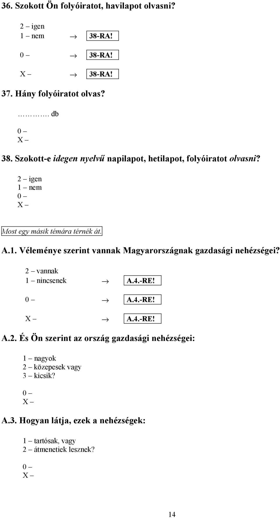 nem Most egy másik témára térnék át. A.1. Véleménye szerint vannak Magyarországnak gazdasági nehézségei? 2 vannak 1 nincsenek A.