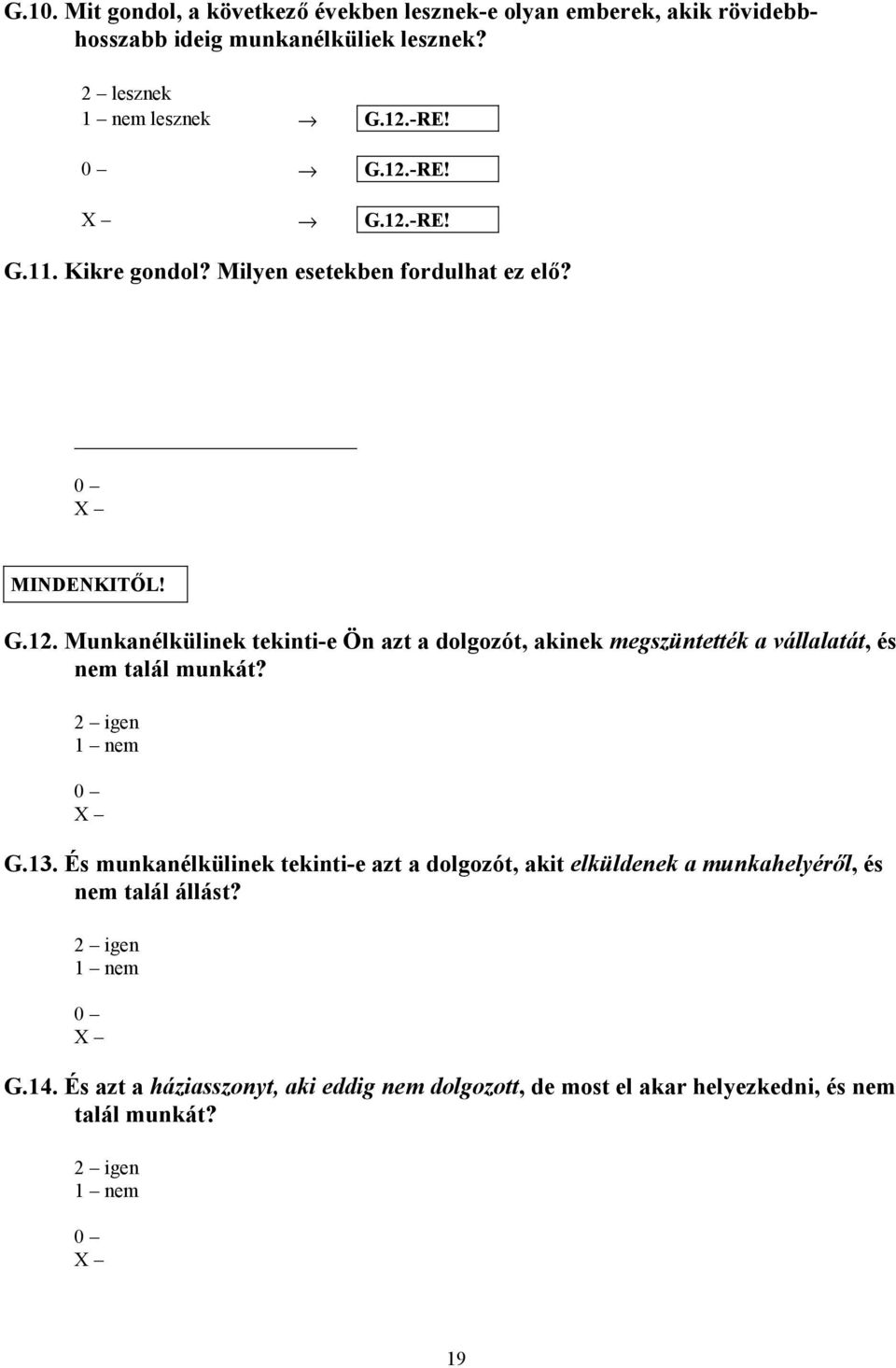 2 igen 1 nem G.13. És munkanélkülinek tekinti-e azt a dolgozót, akit elküldenek a munkahelyéről, és nem talál állást? 2 igen 1 nem G.14.