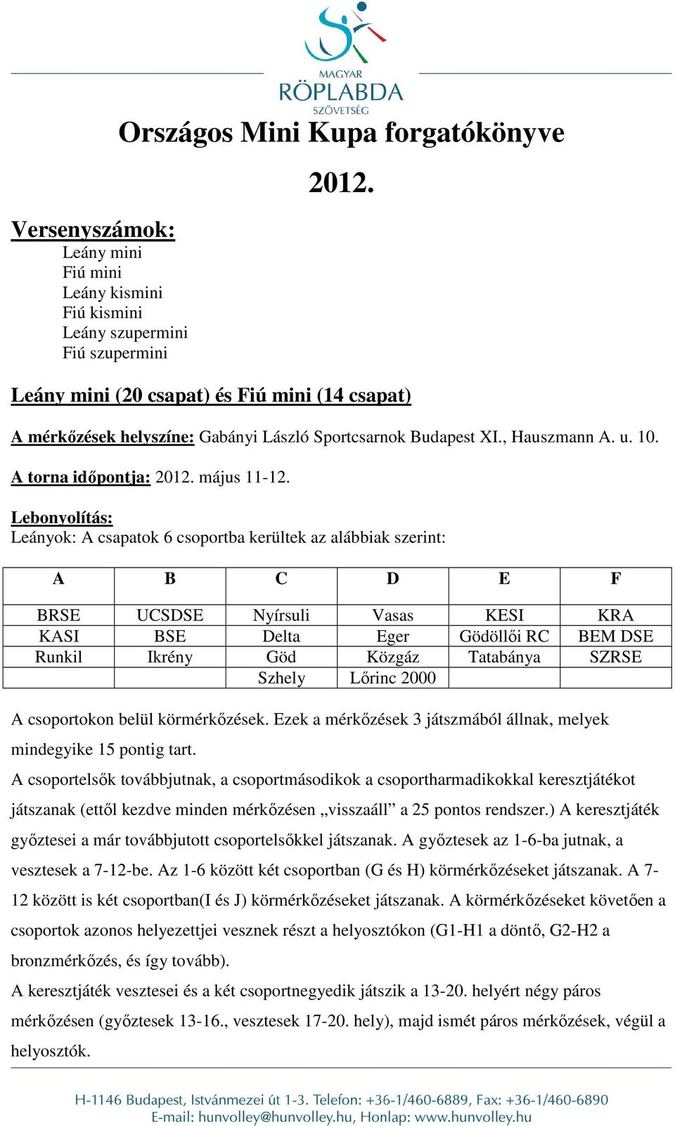 Leányok: A csapatok 6 csoportba kerültek az alábbiak szerint: A B C D E F BRSE UCSDSE Nyírsuli Vasas KESI KRA KASI BSE Delta Eger Gödöllői RC BEM DSE Runkil Ikrény Göd Közgáz Tatabánya SZRSE Szhely