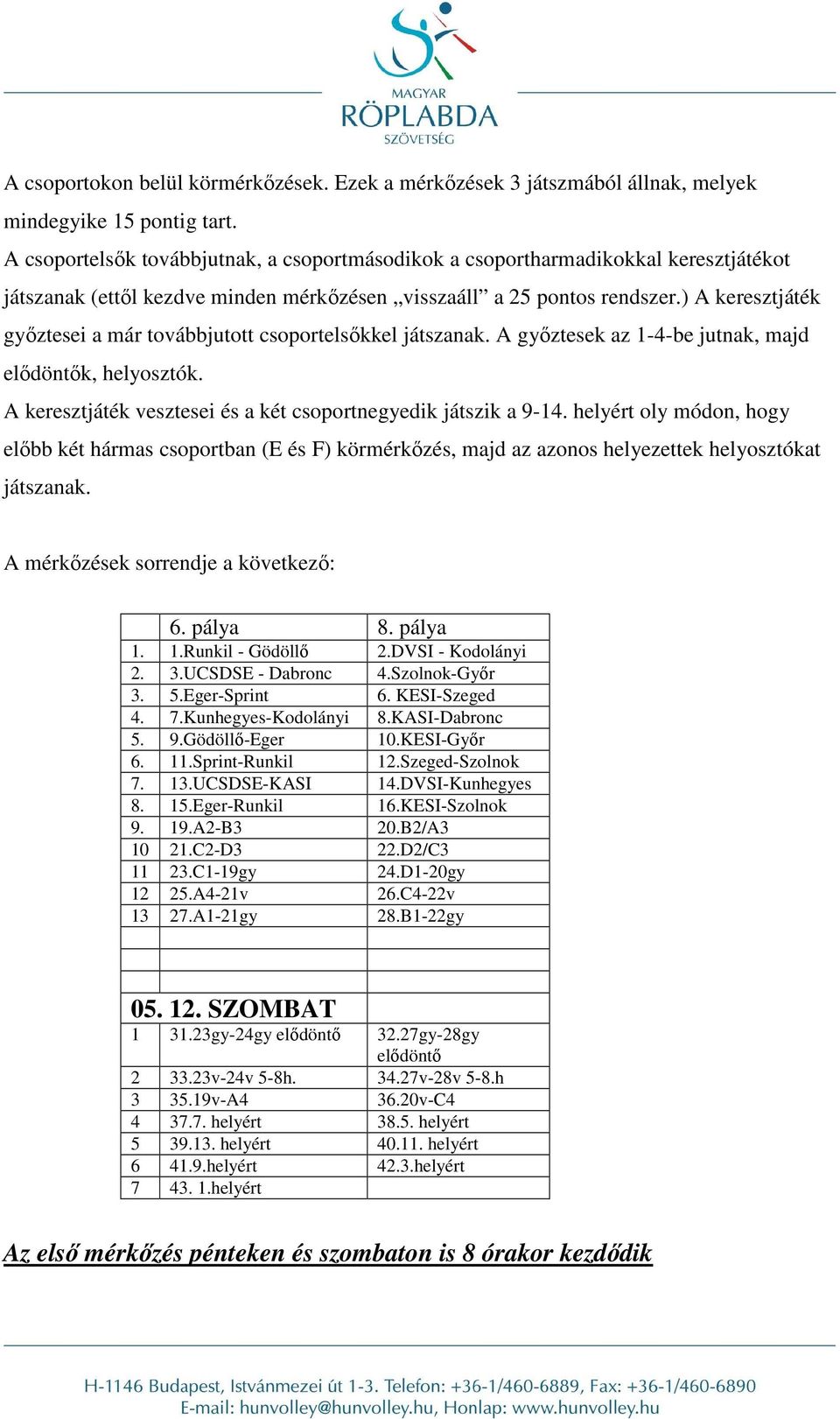 helyért oly módon, hogy előbb két hármas csoportban (E és F) körmérkőzés, majd az azonos helyezettek helyosztókat játszanak. 6. pálya 8. pálya 1. 1.Runkil - Gödöllő 2.DVSI - Kodolányi 2. 3.