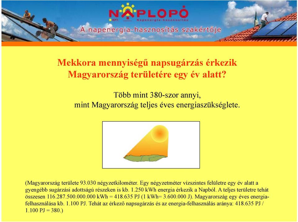 Egy négyzetméter vízszintes felületre egy év alatt a gyengébb sugárzási adottságú részeken is kb. 1.250 kwh energia érkezik a Napból.