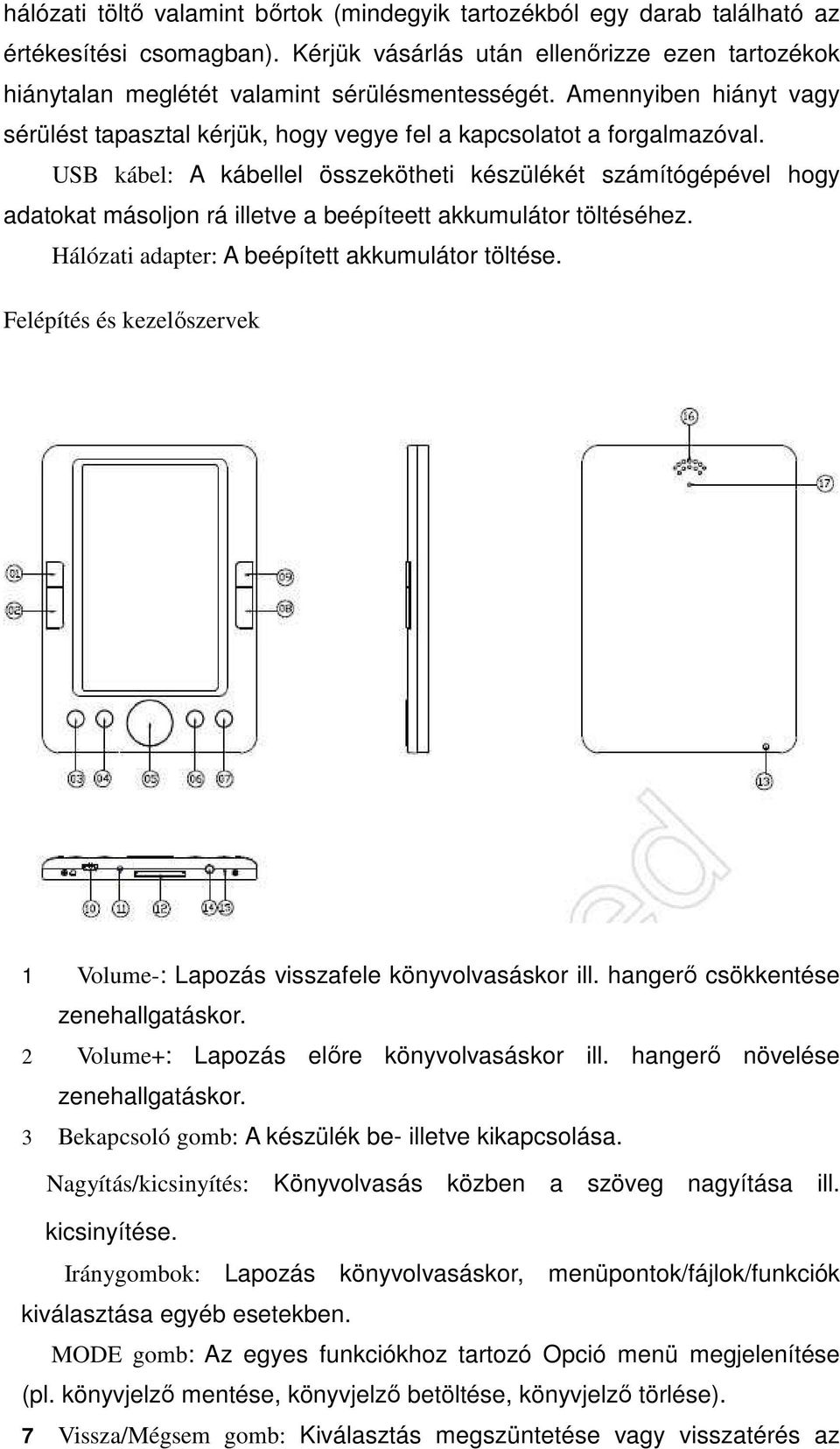 USB kábel: A kábellel összekötheti készülékét számítógépével hogy adatokat másoljon rá illetve a beépíteett akkumulátor töltéséhez. Hálózati adapter: A beépített akkumulátor töltése.