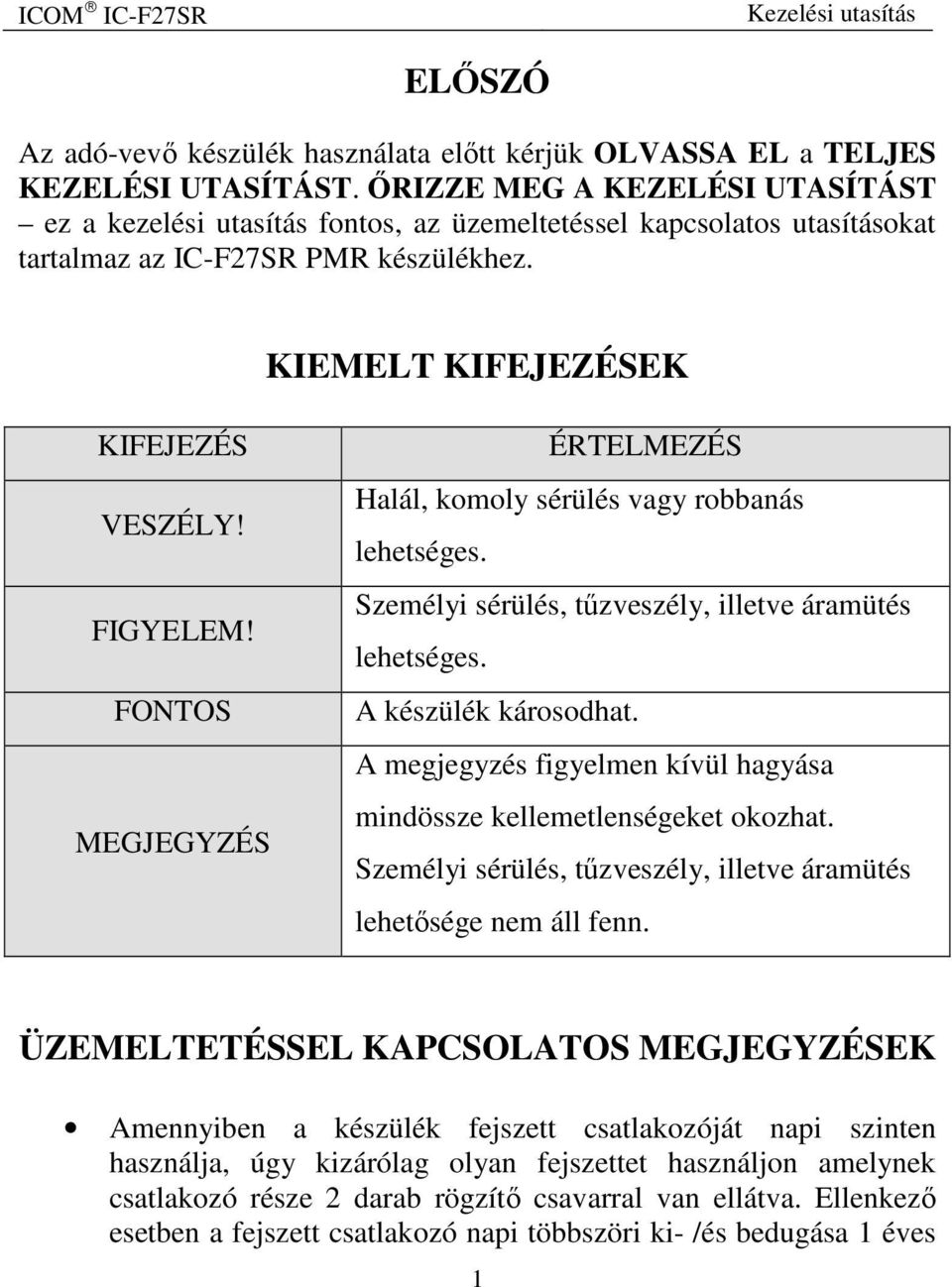 FONTOS MEGJEGYZÉS ÉRTELMEZÉS Halál, komoly sérülés vagy robbanás lehetséges. Személyi sérülés, tűzveszély, illetve áramütés lehetséges. A készülék károsodhat.