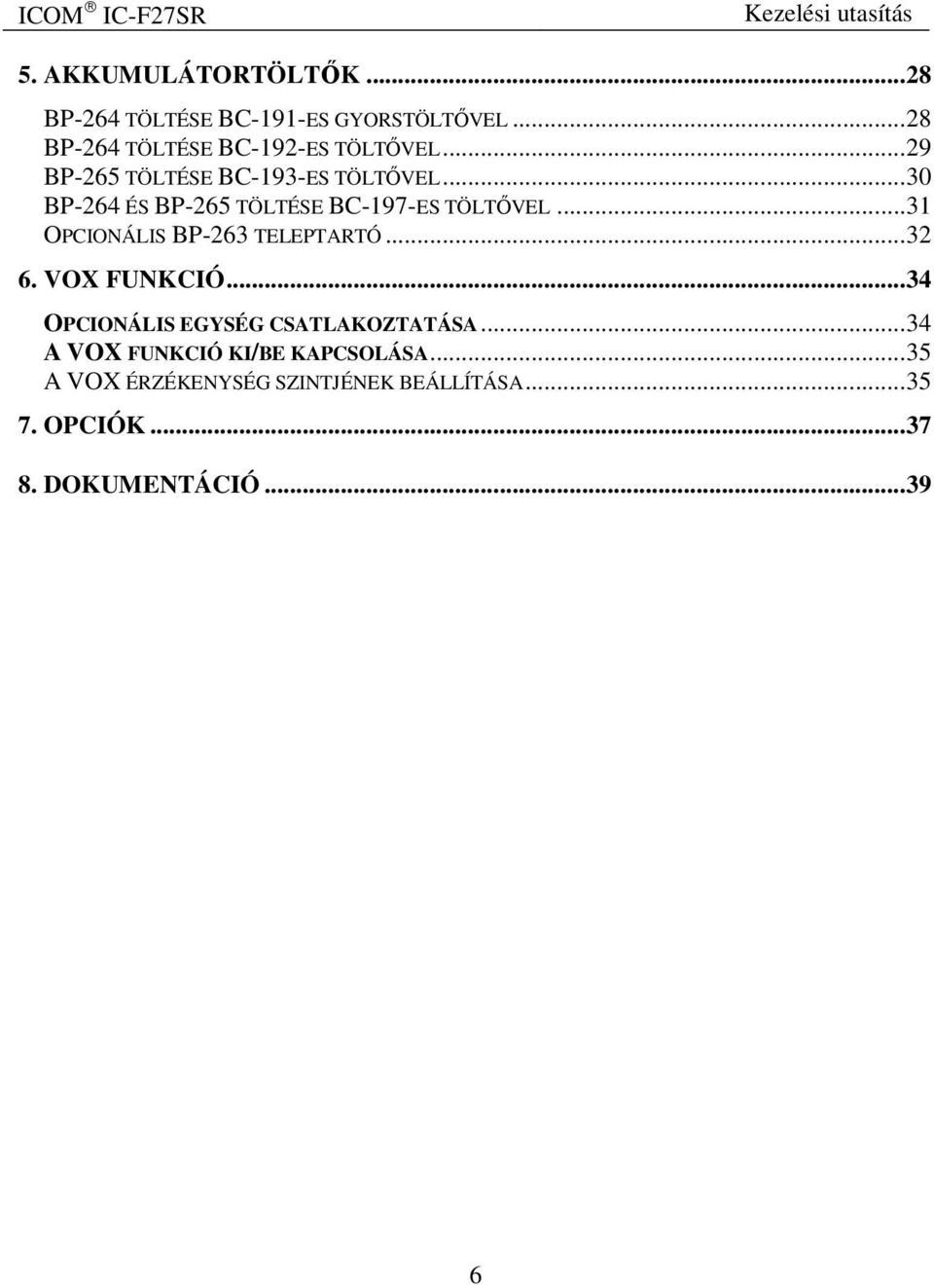 ..31 OPCIONÁLIS BP-263 TELEPTARTÓ...32 6. VOX FUNKCIÓ...34 OPCIONÁLIS EGYSÉG CSATLAKOZTATÁSA.
