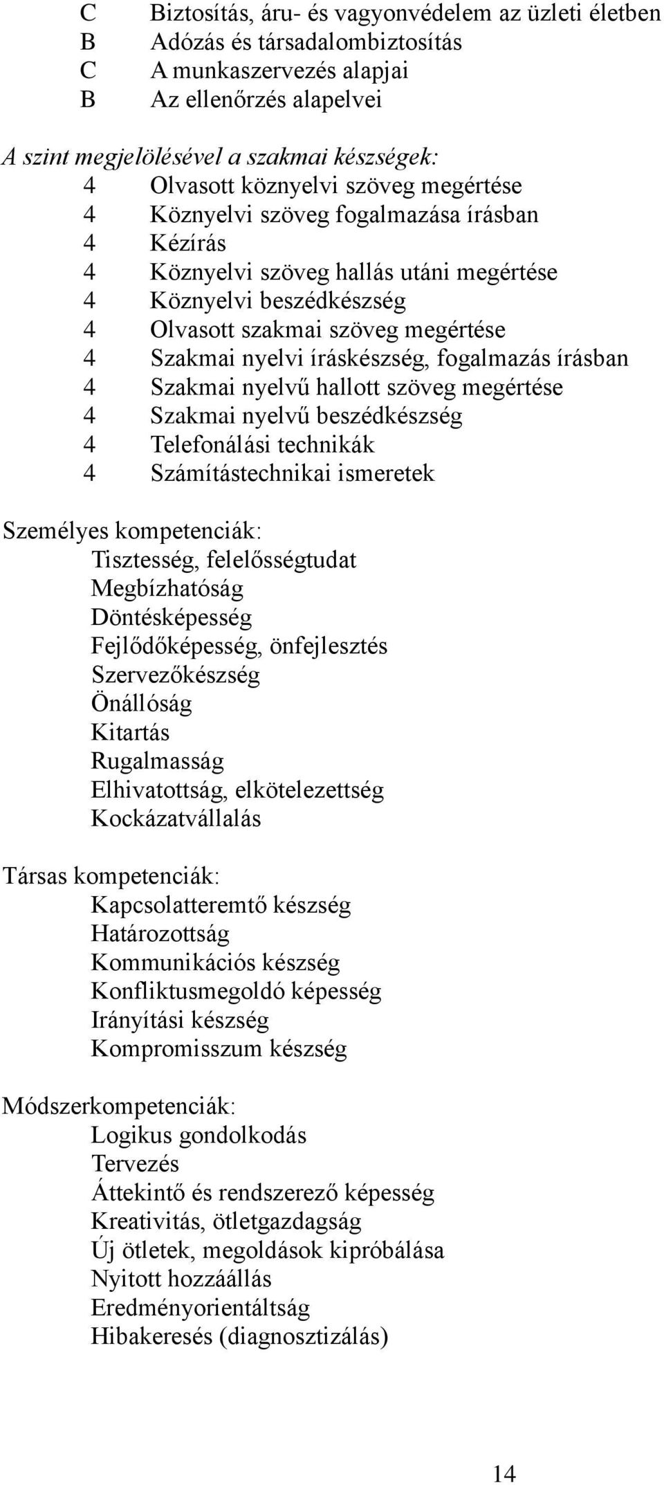 íráskészség, fogalmazás írásban 4 Szakmai nyelvű hallott szöveg megértése 4 Szakmai nyelvű beszédkészség 4 Telefonálási technikák 4 Számítástechnikai ismeretek Személyes kompetenciák: Tisztesség,