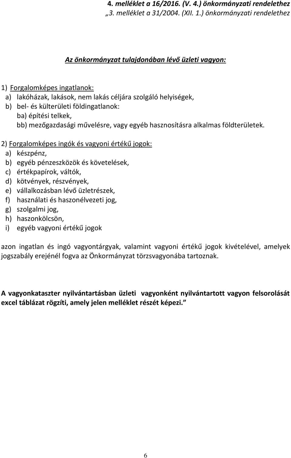 ) önkormányzati rendelethez Az önkormányzat tulajdonában lévő üzleti vagyon: 1) Forgalomképes ingatlanok: a) lakóházak, lakások, nem lakás céljára szolgáló helyiségek, b) bel- és külterületi