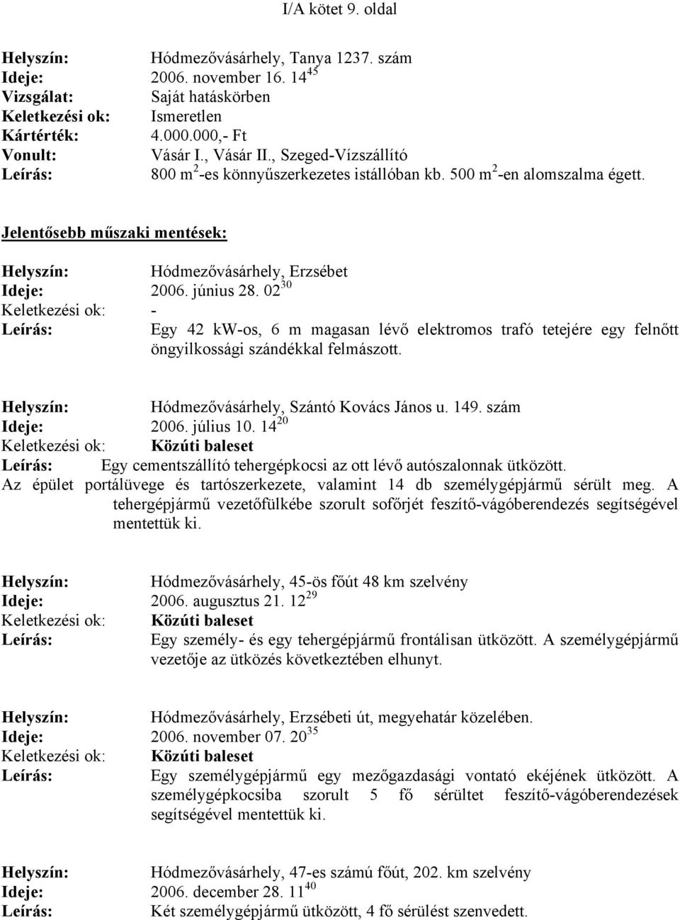 június 28. 02 30 Keletkezési ok: - Leírás: Egy 42 kw-os, 6 m magasan lévő elektromos trafó tetejére egy felnőtt öngyilkossági szándékkal felmászott. Helyszín: Hódmezővásárhely, Szántó Kovács János u.