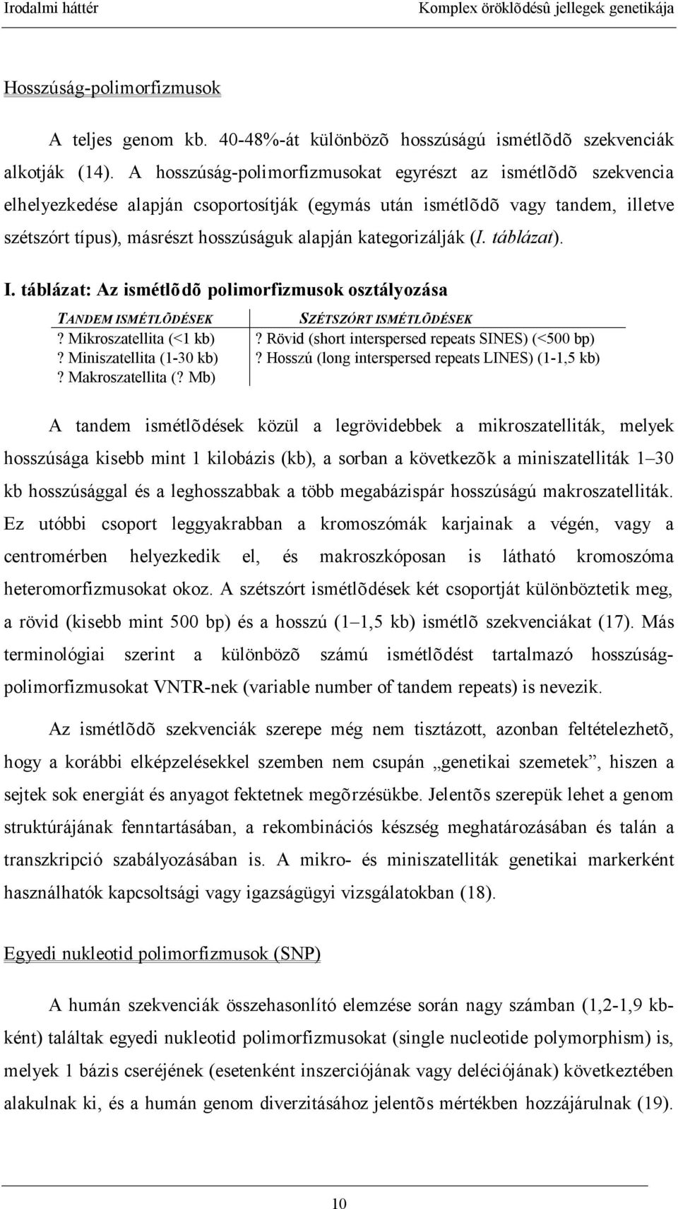 kategorizálják (I. táblázat). I. táblázat: Az ismétlõdõ polimorfizmusok osztályozása TANDEM ISMÉTLÕDÉSEK?Mikroszatellita (<1 kb)?miniszatellita (1-30 kb)?makroszatellita (? Mb) SZÉTSZÓRT ISMÉTLÕDÉSEK?