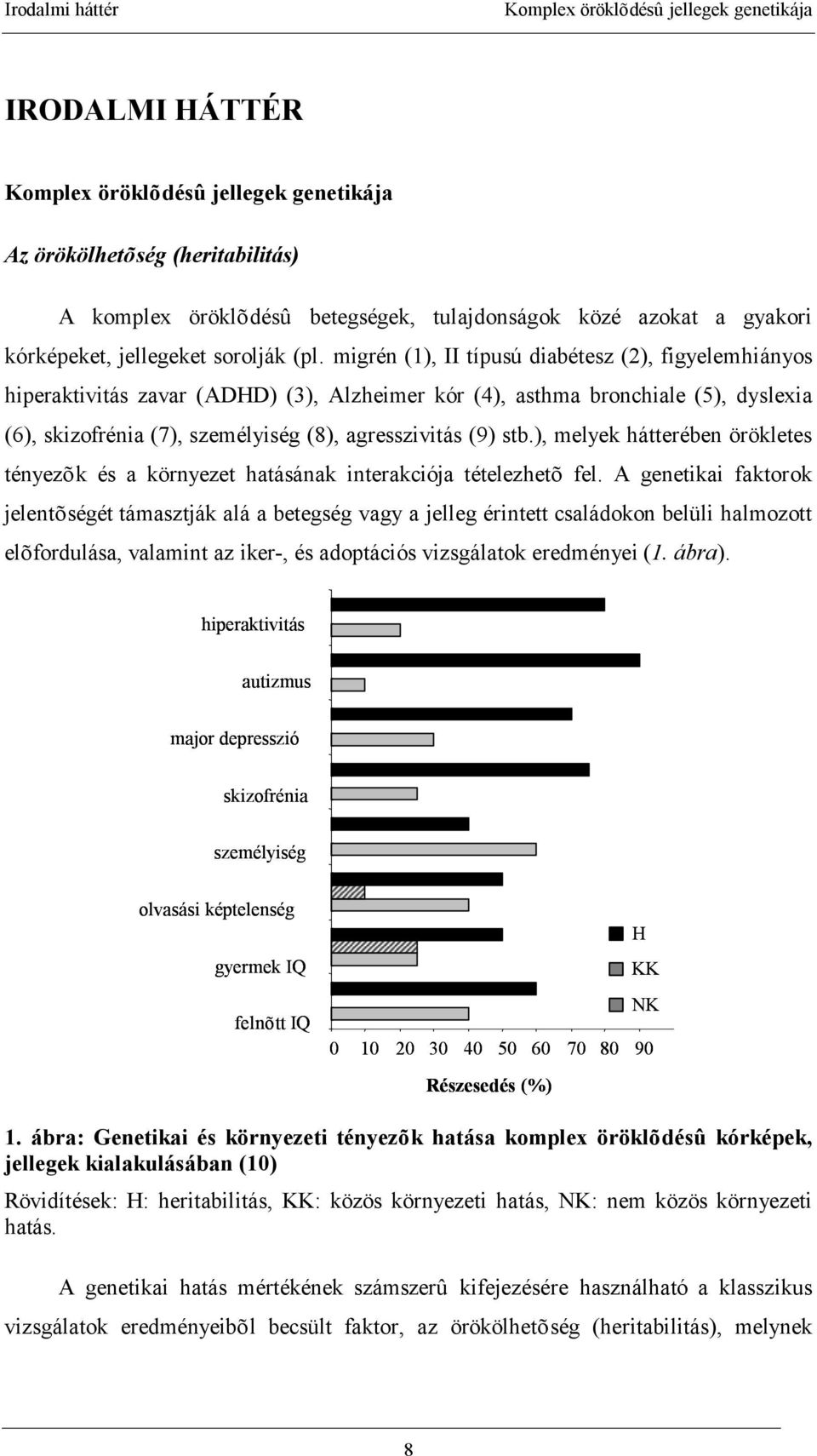 migrén (1), II típusú diabétesz (2), figyelemhiányos hiperaktivitás zavar (ADHD) (3), Alzheimer kór (4), asthma bronchiale (5), dyslexia (6), skizofrénia (7), személyiség (8), agresszivitás (9) stb.