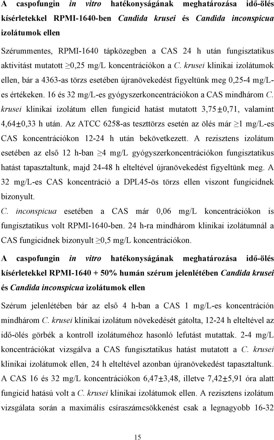 16 és 32 mg/l-es gyógyszerkoncentrációkon a CAS mindhárom C. krusei klinikai izolátum ellen fungicid hatást mutatott 3,75 0,71, valamint 4,64 0,33 h után.