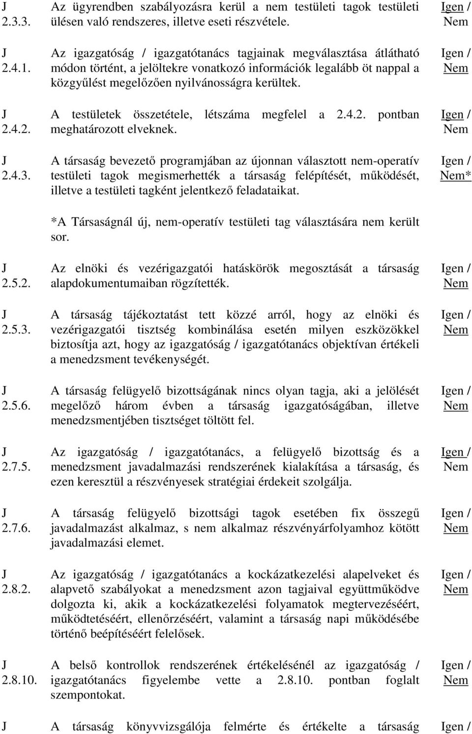 A testületek összetétele, létszáma megfelel a 2.4.2. pontban meghatározott elveknek.