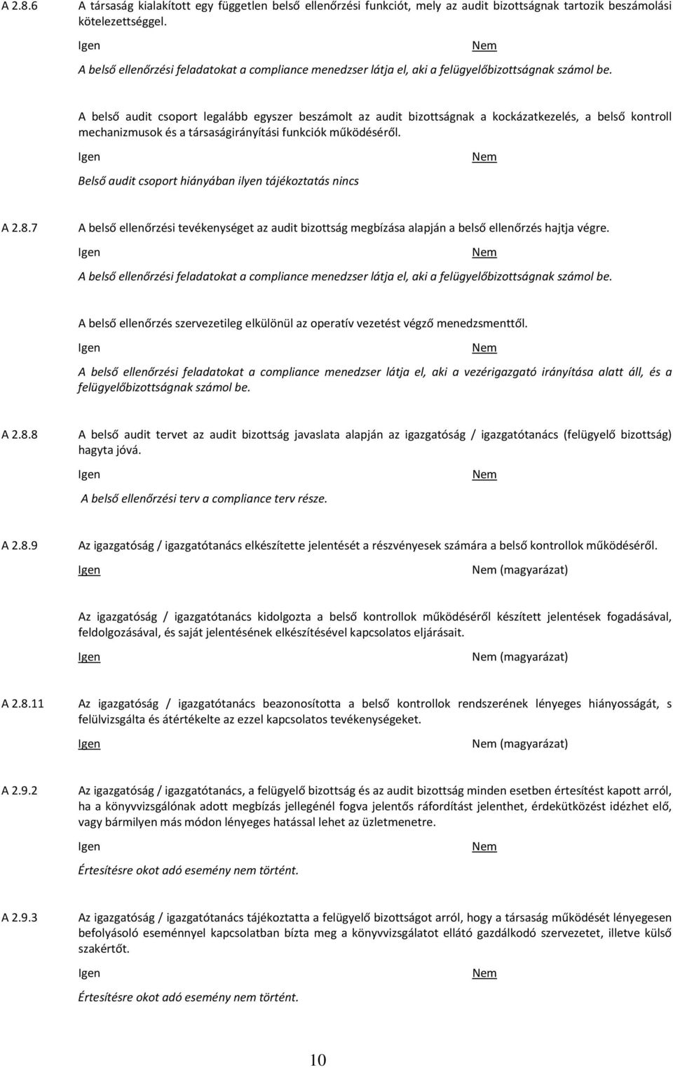 A belső audit csoport legalább egyszer beszámolt az audit bizottságnak a kockázatkezelés, a belső kontroll mechanizmusok és a társaságirányítási funkciók működéséről.