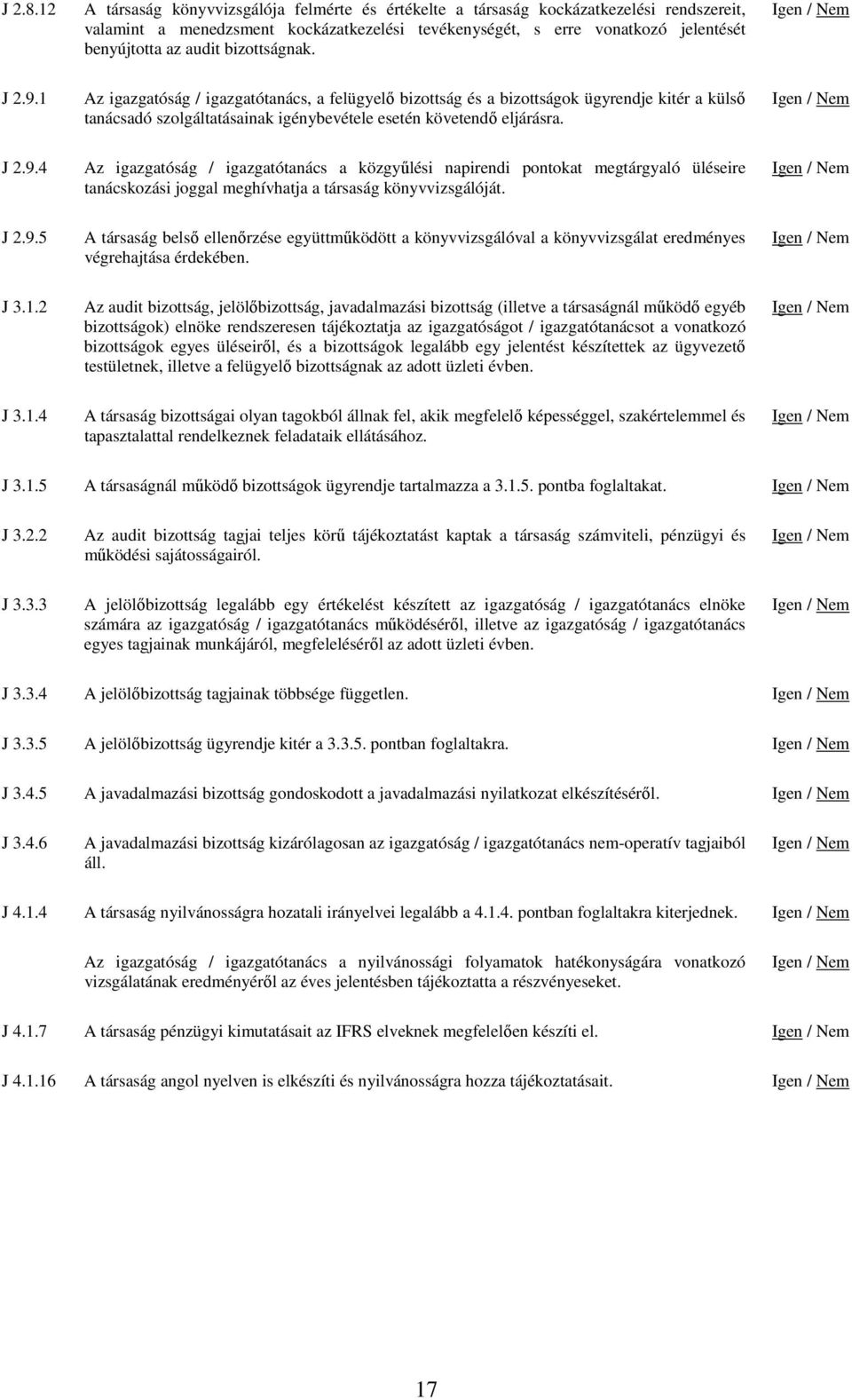 bizottságnak. / J 2.9.1 Az igazgatóság / igazgatótanács, a felügyelő bizottság és a bizottságok ügyrendje kitér a külső tanácsadó szolgáltatásainak igénybevétele esetén követendő eljárásra. / J 2.9.4 Az igazgatóság / igazgatótanács a közgyűlési napirendi pontokat megtárgyaló üléseire tanácskozási joggal meghívhatja a társaság könyvvizsgálóját.