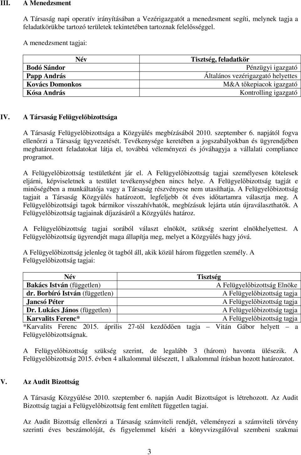 A Társaság Felügyelőbizottsága A Társaság Felügyelőbizottsága a Közgyűlés megbízásából 2010. szeptember 6. napjától fogva ellenőrzi a Társaság ügyvezetését.