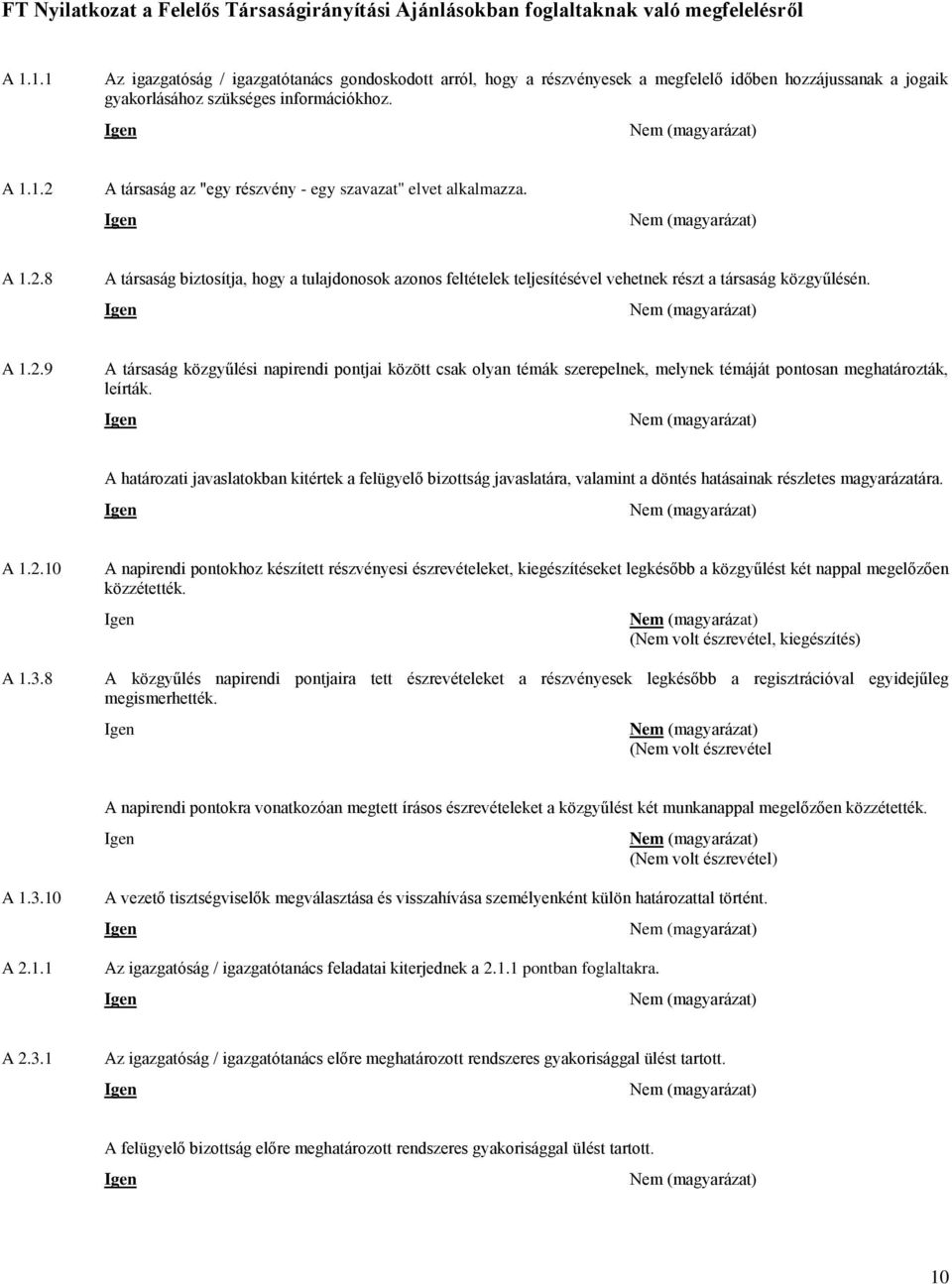 A 1.2.8 A társaság biztosítja, hogy a tulajdonosok azonos feltételek teljesítésével vehetnek részt a társaság közgyűlésén. A 1.2.9 A társaság közgyűlési napirendi pontjai között csak olyan témák szerepelnek, melynek témáját pontosan meghatározták, leírták.