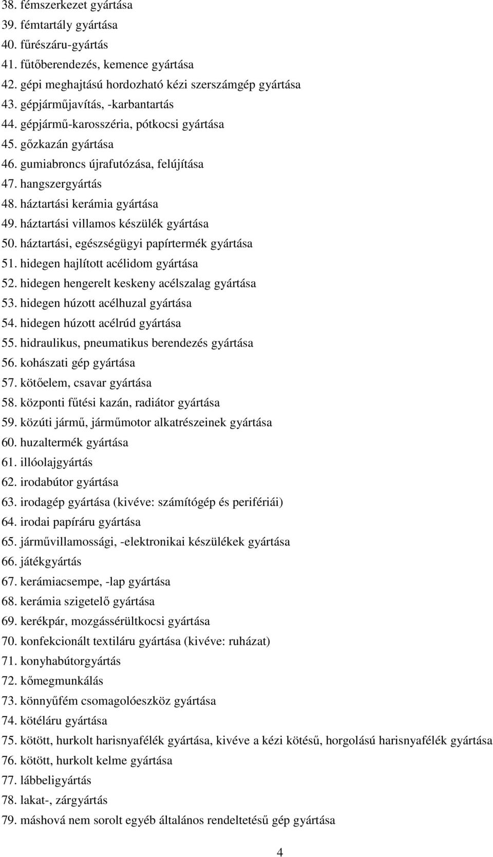 háztartási villamos készülék gyártása 50. háztartási, egészségügyi papírtermék gyártása 51. hidegen hajlított acélidom gyártása 52. hidegen hengerelt keskeny acélszalag gyártása 53.